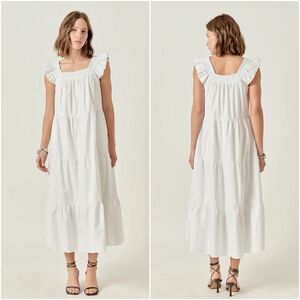 English Factory Square Neck Ruffle Pullover Tiered Midi Dress Cotton Size XS New